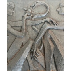 Plaque de Cheminée Moderniste en Fonte, Adam et Ève, Pomme et Serpent, Signée Stern