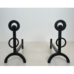 Pair of Modernist Wrought Iron Andirons with Double Ring Uprights and Arched Feet