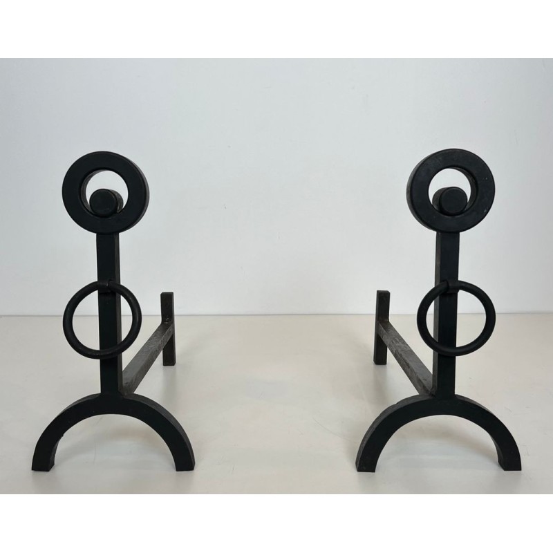 Pair of Modernist Wrought Iron Andirons with Double Ring Uprights and Arched Feet