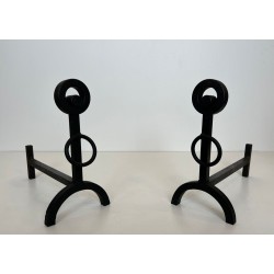 Pair of Modernist Wrought Iron Andirons with Double Ring Uprights and Arched Feet