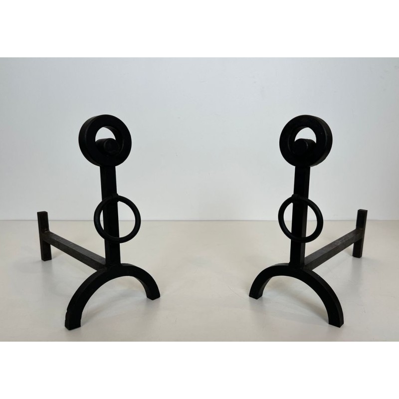 Pair of Modernist Wrought Iron Andirons with Double Ring Uprights and Arched Feet