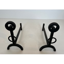 Pair of Modernist Wrought Iron Andirons with Double Ring Uprights and Arched Feet