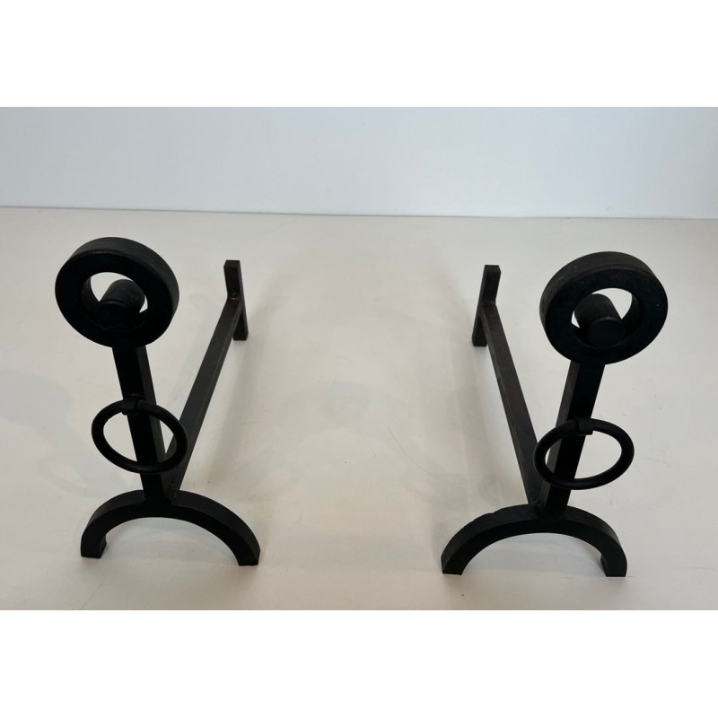 Pair of Modernist Wrought Iron Andirons with Double Ring Uprights and Arched Feet
