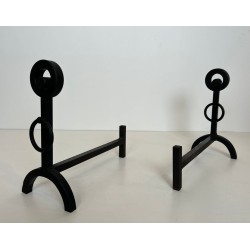 Pair of Modernist Wrought Iron Andirons with Double Ring Uprights and Arched Feet