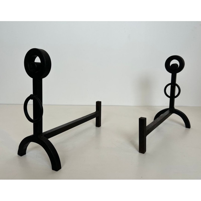 Pair of Modernist Wrought Iron Andirons with Double Ring Uprights and Arched Feet
