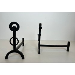 Pair of Modernist Wrought Iron Andirons with Double Ring Uprights and Arched Feet