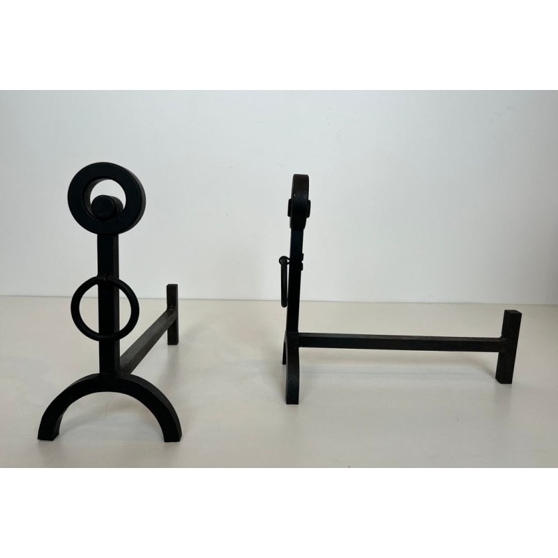 Pair of Modernist Wrought Iron Andirons with Double Ring Uprights and Arched Feet