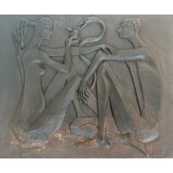 Modernist Cast Iron Fireback with Adam and Eve, Apple and Serpent, Signed Stern