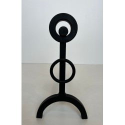 Pair of Modernist Wrought Iron Andirons with Double Ring Uprights and Arched Feet