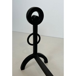 Pair of Modernist Wrought Iron Andirons with Double Ring Uprights and Arched Feet