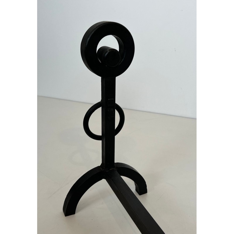 Pair of Modernist Wrought Iron Andirons with Double Ring Uprights and Arched Feet