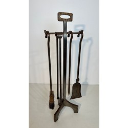 Modernist Hammered Steel Fireplace Companion Set with Five Tools on Stand