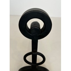 Pair of Modernist Wrought Iron Andirons with Double Ring Uprights and Arched Feet