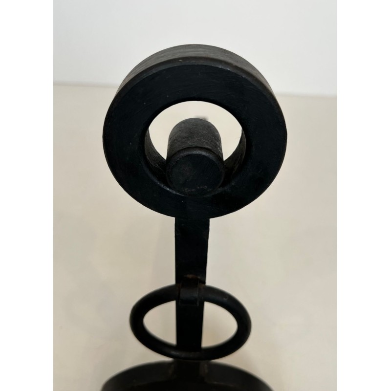 Pair of Modernist Wrought Iron Andirons with Double Ring Uprights and Arched Feet