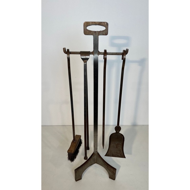 Modernist Hammered Steel Fireplace Companion Set with Five Tools on Stand