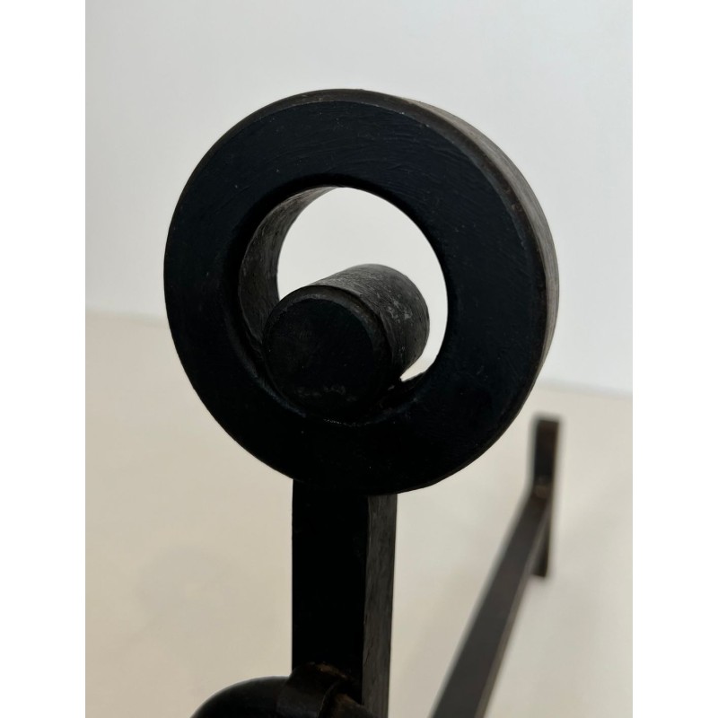 Pair of Modernist Wrought Iron Andirons with Double Ring Uprights and Arched Feet