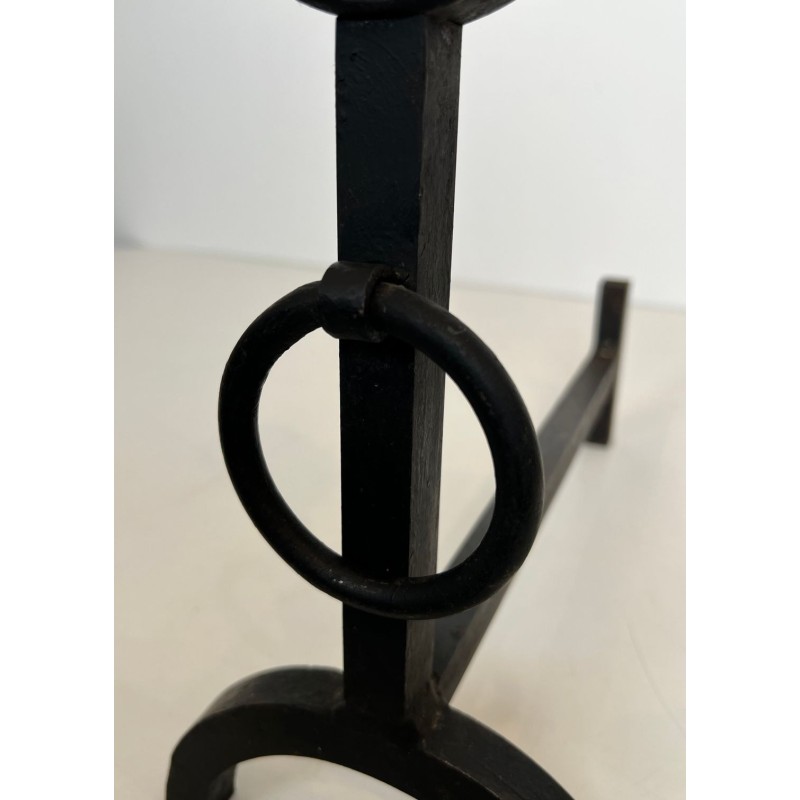 Pair of Modernist Wrought Iron Andirons with Double Ring Uprights and Arched Feet