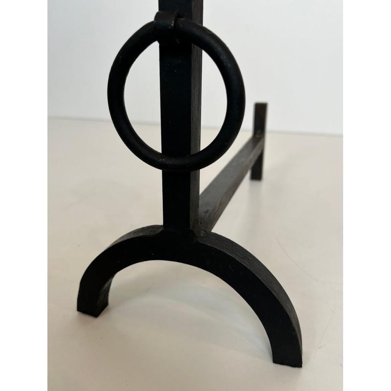 Pair of Modernist Wrought Iron Andirons with Double Ring Uprights and Arched Feet