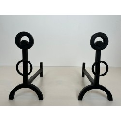 Pair of Modernist Wrought Iron Andirons with Double Ring Uprights and Arched Feet