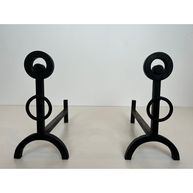 Pair of Modernist Wrought Iron Andirons with Double Ring Uprights and Arched Feet