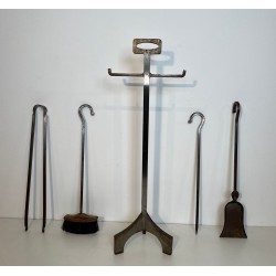 Modernist Hammered Steel Fireplace Companion Set with Five Tools on Stand