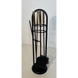 Modernist Black Lacquered and Brass Fireplace Companion Set with Cage Stand and Ring Handle