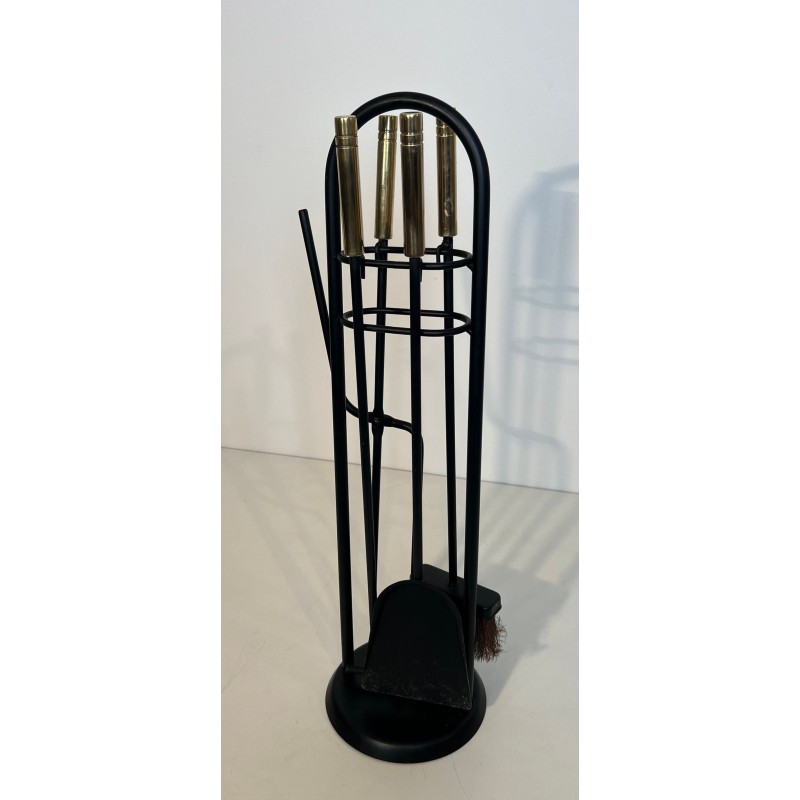 Modernist Black Lacquered and Brass Fireplace Companion Set with Cage Stand and Ring Handle