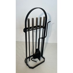 Modernist Black Lacquered and Chrome Fireplace Companion Set with Cage Stand, Floor or Wall Mount