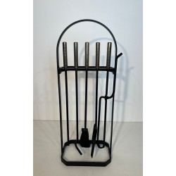 Nécessaire de Feu Moderniste Laqué Noir et Chrome à Support Cage, Sol ou Mur