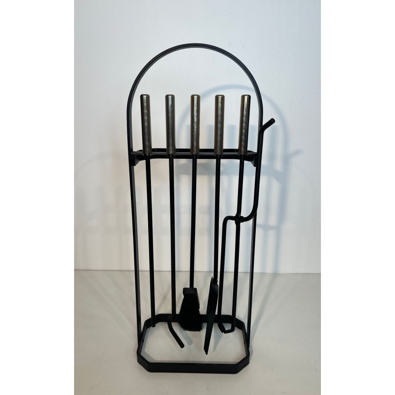 Nécessaire de Feu Moderniste Laqué Noir et Chrome à Support Cage, Sol ou Mur
