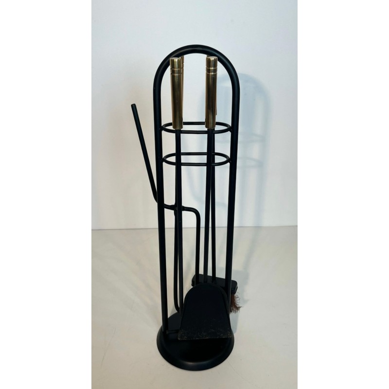 Modernist Black Lacquered and Brass Fireplace Companion Set with Cage Stand and Ring Handle