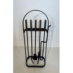 Nécessaire de Feu Moderniste Laqué Noir et Chrome à Support Cage, Sol ou Mur