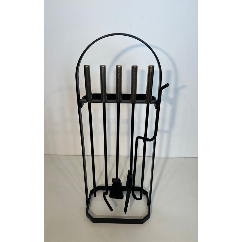 Nécessaire de Feu Moderniste Laqué Noir et Chrome à Support Cage, Sol ou Mur