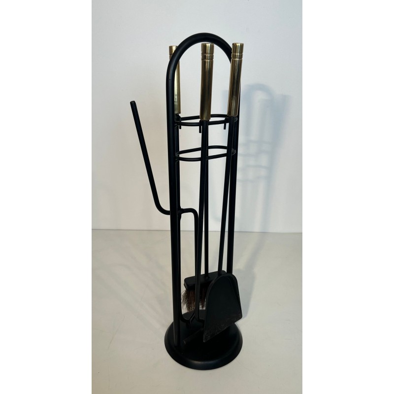 Modernist Black Lacquered and Brass Fireplace Companion Set with Cage Stand and Ring Handle