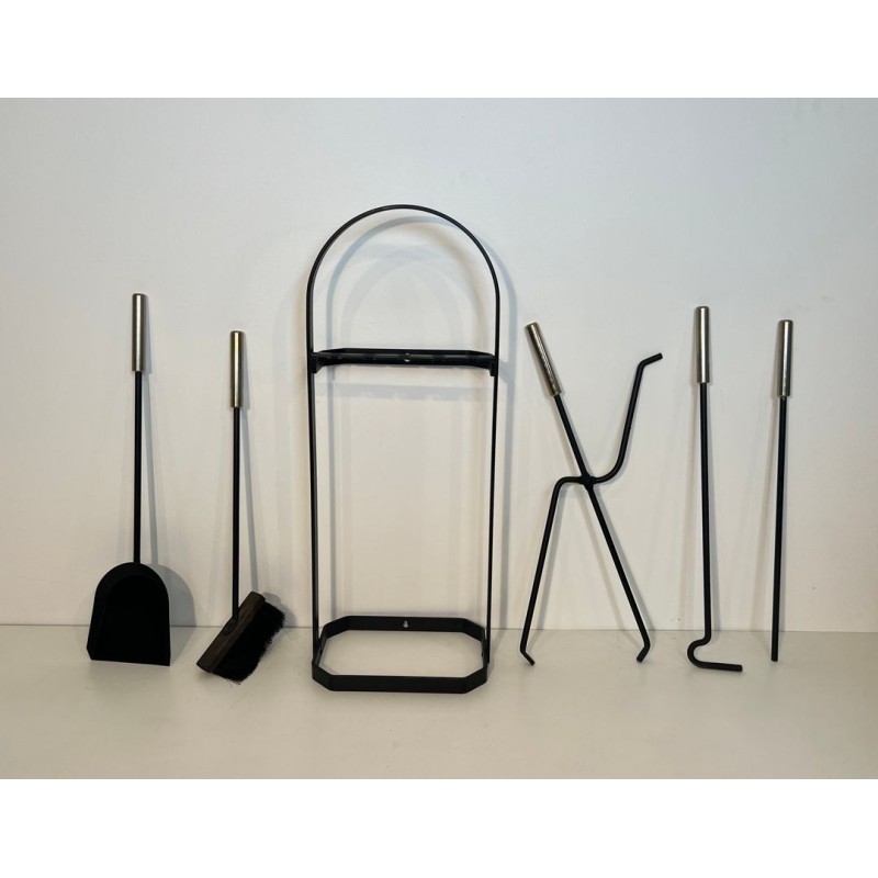 Modernist Black Lacquered and Chrome Fireplace Companion Set with Cage Stand, Floor or Wall Mount