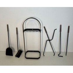 Modernist Black Lacquered and Chrome Fireplace Companion Set with Cage Stand, Floor or Wall Mount