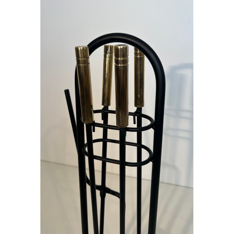 Modernist Black Lacquered and Brass Fireplace Companion Set with Cage Stand and Ring Handle