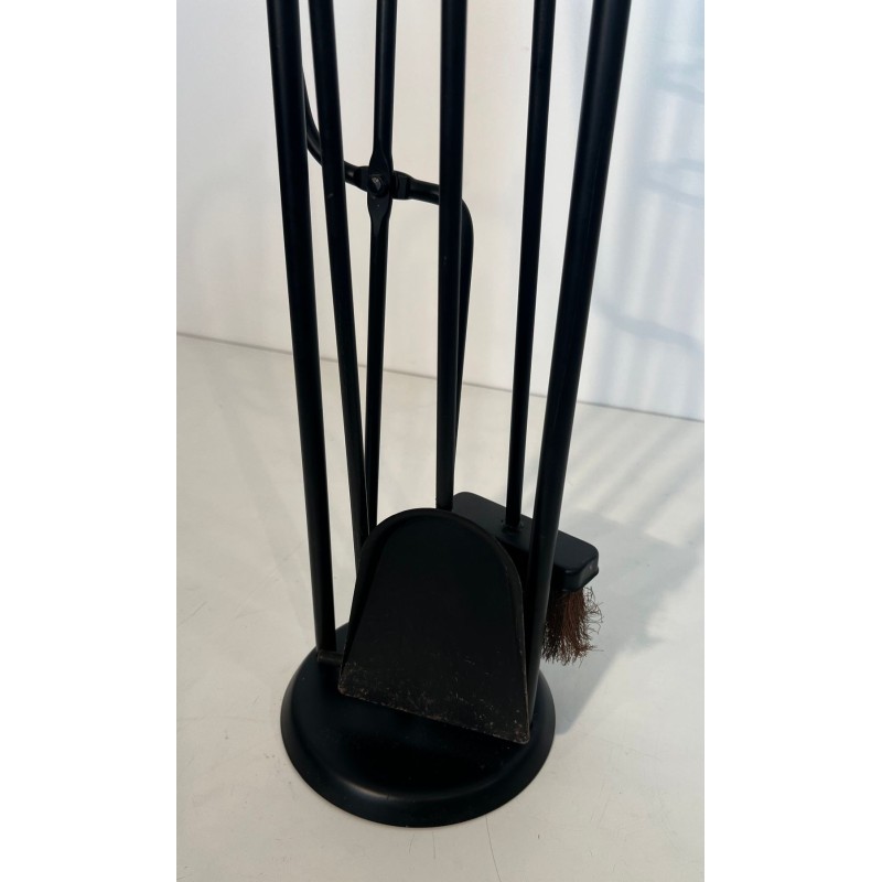 Modernist Black Lacquered and Brass Fireplace Companion Set with Cage Stand and Ring Handle