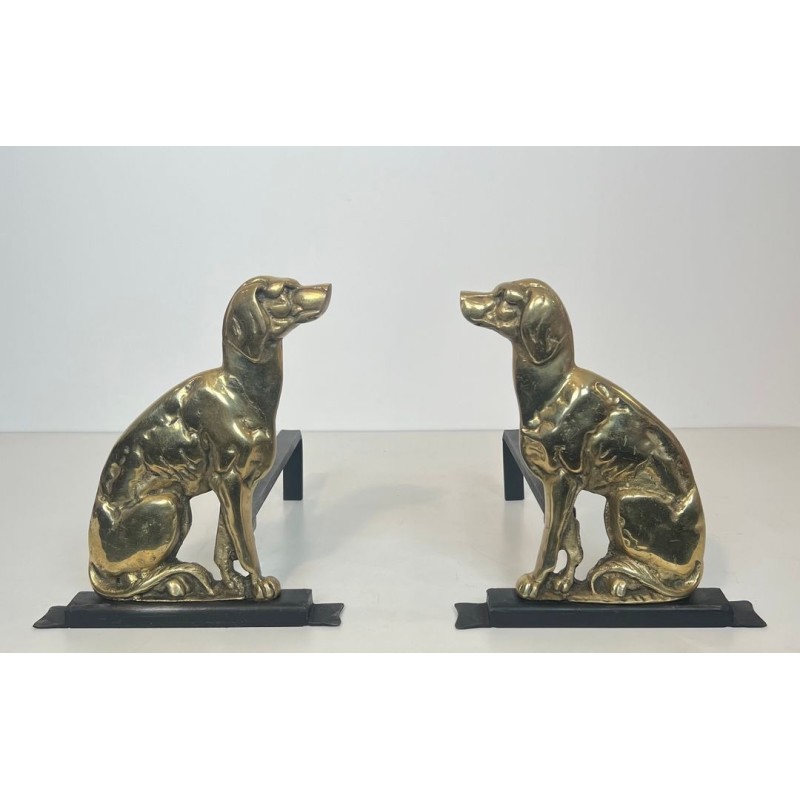 Paire de Chenets Art Déco en Bronze Cisélé à Décor de Chiens de Chasse sur Bases Noires