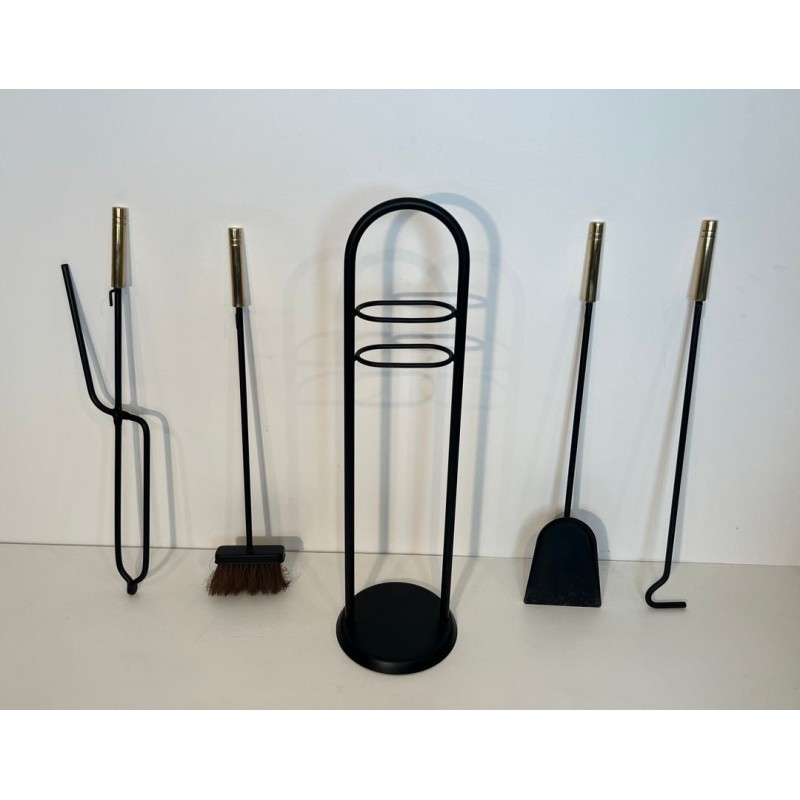 Modernist Black Lacquered and Brass Fireplace Companion Set with Cage Stand and Ring Handle