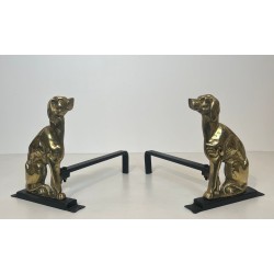 Paire de Chenets Art Déco en Bronze Cisélé à Décor de Chiens de Chasse sur Bases Noires