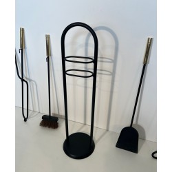 Modernist Black Lacquered and Brass Fireplace Companion Set with Cage Stand and Ring Handle