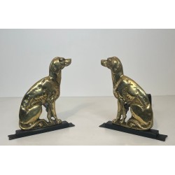 Pair of Art Déco Chiseled Bronze Sporting Dog Andirons on Black Iron Bases