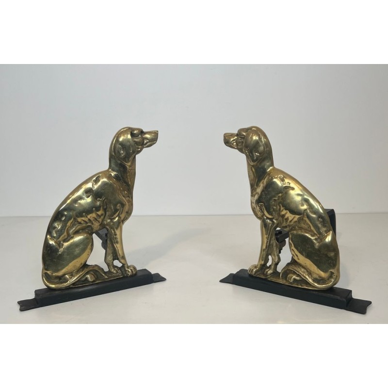 Pair of Art Déco Chiseled Bronze Sporting Dog Andirons on Black Iron Bases