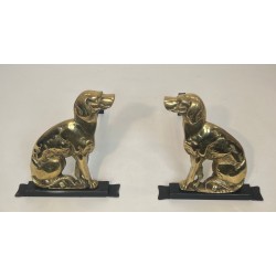 Pair of Art Déco Chiseled Bronze Sporting Dog Andirons on Black Iron Bases