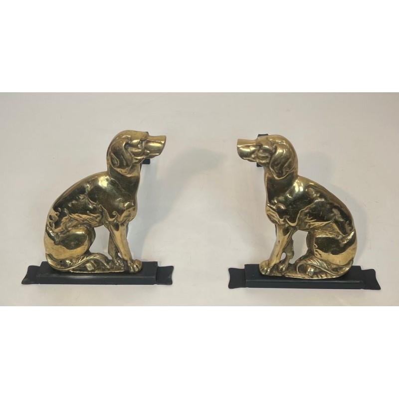 Pair of Art Déco Chiseled Bronze Sporting Dog Andirons on Black Iron Bases