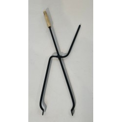 Modernist Black Lacquered and Brass Fireplace Companion Set with Cage Stand and Ring Handle