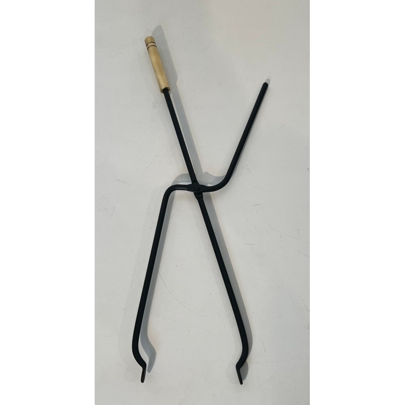 Modernist Black Lacquered and Brass Fireplace Companion Set with Cage Stand and Ring Handle