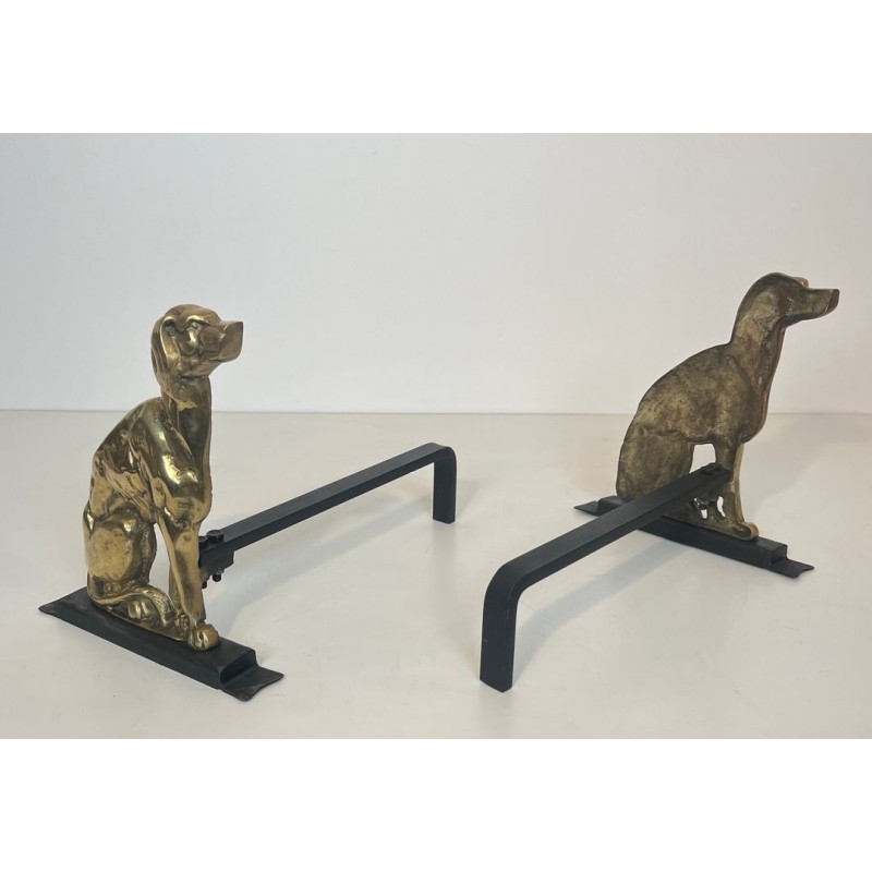 Paire de Chenets Art Déco en Bronze Cisélé à Décor de Chiens de Chasse sur Bases Noires