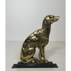 Pair of Art Déco Chiseled Bronze Sporting Dog Andirons on Black Iron Bases